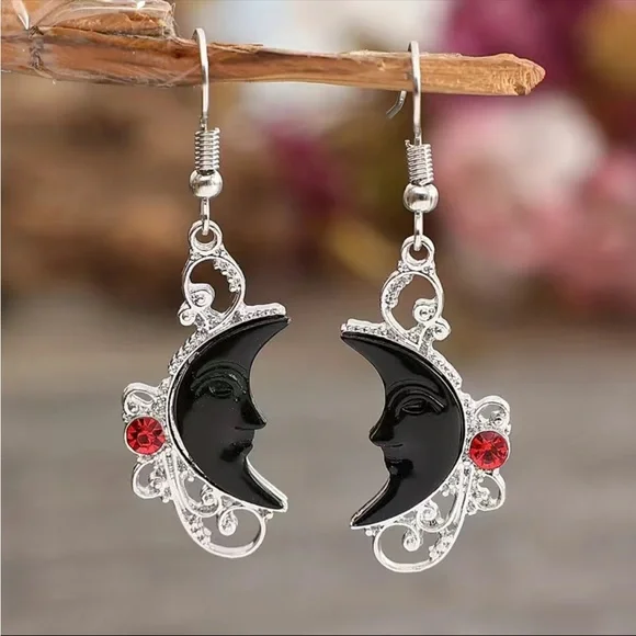 Hollow Synthetic Gemstone Black Moon Inlaid Red Rhinestone Drop Earrings Faux Fa - Picture 2 of 9